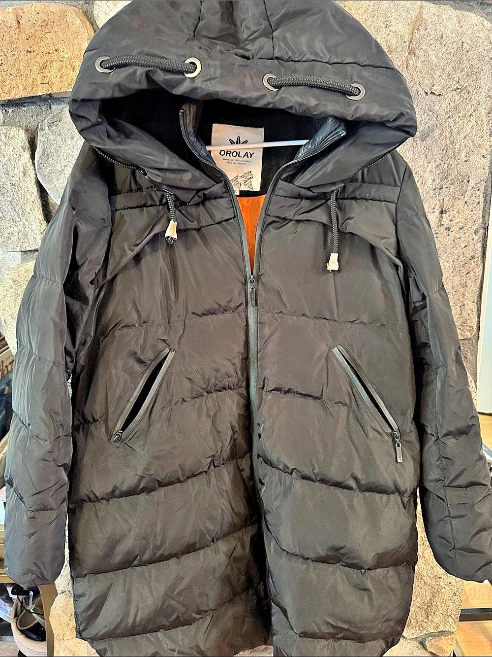 OROLAY Thickened Down Hooded Puffer Jacket Black & Orange XL